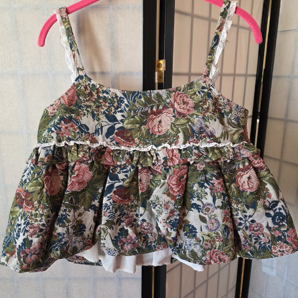 Sister Jane Green and Pink Floral Camisole with Ruffled Design